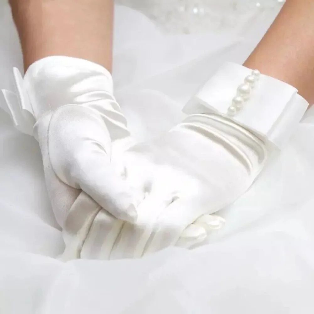 Wedding Bridal Short Gloves White Bow Stretch Satin Evening Party Opera Prom